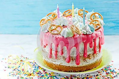 Birthday naked cake with chocolate smudges Stock Photo