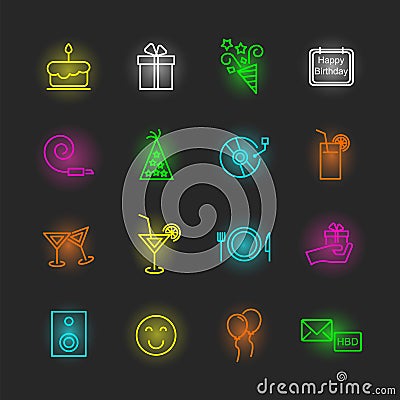 Birthday neon icon set Vector Illustration