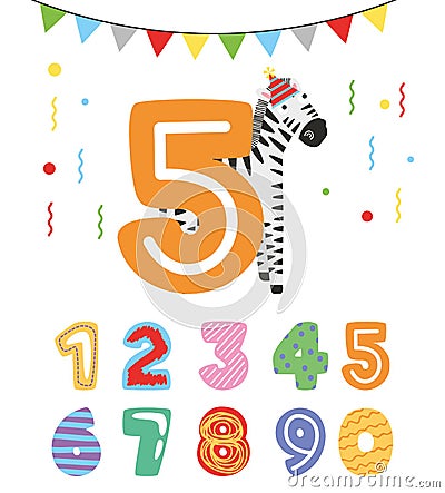 Birthday numbers and animals cartoon. vector Vector Illustration