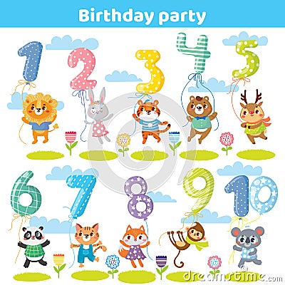 Birthday numbers with funny animals for invitation card Vector Illustration