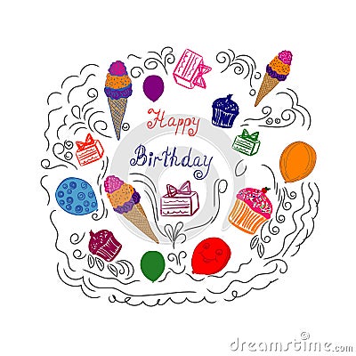 Birthday objects, sketch, vector illustration Vector Illustration