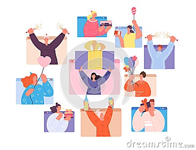 Birthday online party. Social event, woman on fun virtual festival in web. Guy celebration, fun teens celebrate holiday Vector Illustration