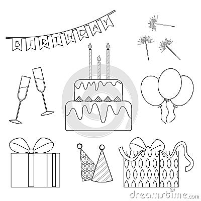 Set birthday icons. Black and white elements of birthday. Vector Illustration