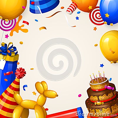 Birthday party background with balloons, cake, gift boxes, lollipop, confetti and ribbons. Place for your text. Vector. Vector Illustration