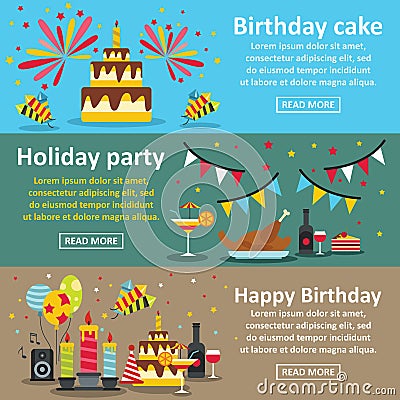 Birthday party banner horizontal set, flat style Vector Illustration