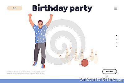 Birthday party at bowling club game zone organization landing page design website template Vector Illustration