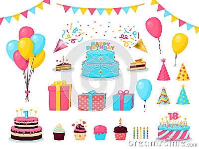 Birthday party cartoon decorations. Child partying, cute celebration elements. Cupcake, presents festive cake, balloons Vector Illustration