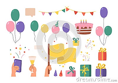 Birthday party cartoon elements. Colorful balloons, cake with candles, flags garlands, gifts and fireworks. Hand hold Vector Illustration