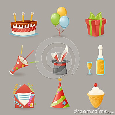 Birthday Party Celebrate Icons and Symbols Set 3d Realistic Cartoon Design Vector Illustration Vector Illustration