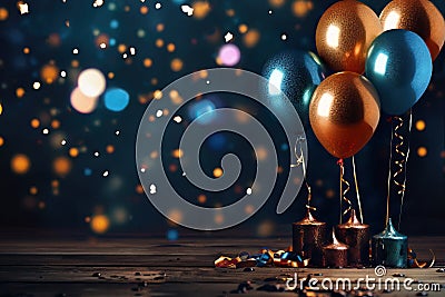 Birthday party colourful balloons with candles. Christmas celebration and festive background Stock Photo