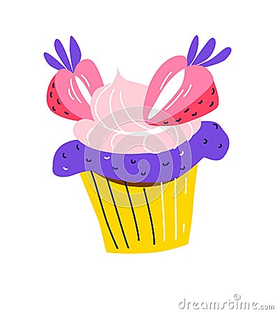 Birthday party cupcake cake decorated with sweet cream, strawberries Vector Illustration