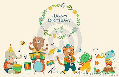 Birthday party cute jungle animal banner. Music celebration animals, holiday background. Bear tiger elephant play Vector Illustration