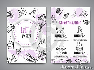 Birthday party doodle posters. Vector template banners for cards, invitation, flyer, party, wedding, brochure with hand Vector Illustration