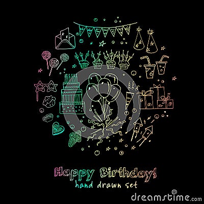 Birthday party doodles elements background. Vector illustration for invitations, design and packages product. Vector Illustration