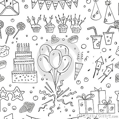 Birthday party doodles seamless pattern. Vector Illustration