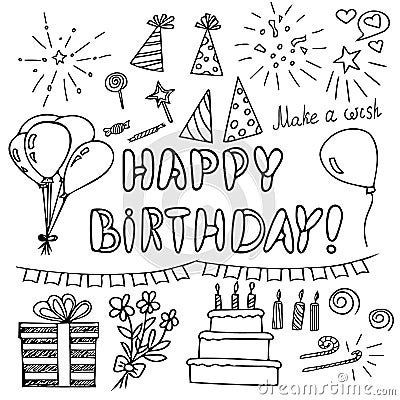 Birthday party elements set. doodle style collection. Hand drawn scandinavian simple liner style Stock Photo