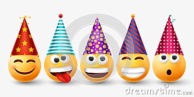 Birthday party emoji, emoticon in cone hat. Happy yellow cool celebrate laughing characters, smile feel or happy good Vector Illustration