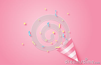 Birthday party. Exploding pink popper cone with confetti. Event celebration concept Vector Illustration