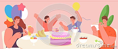 Birthday party. Family celebrating, woman man and children eating together. Happy home time, lunch or dinner. Festive Vector Illustration