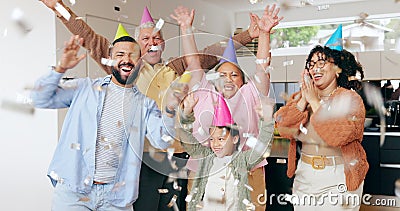 Birthday party, family celebration and confetti with child, grandparents and happy people in their home. Excited mother Stock Photo