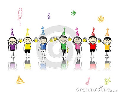 Birthday party, friends with beer mugs Vector Illustration