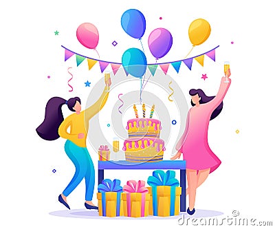 Birthday party with friends. People carry gifts, balloons, a large cake with candles, dance and celebrate the holiday. Flat 2D Vector Illustration