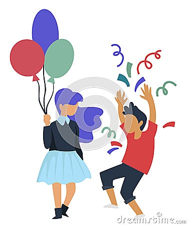 Birthday party girl with balloon and boy throwing confetti Vector Illustration