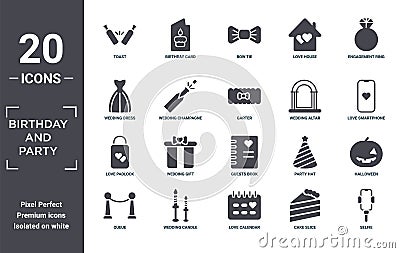 birthday.and.party icon set. include creative elements as toast, engagement ring, wedding altar, guests book, wedding candle, love Vector Illustration