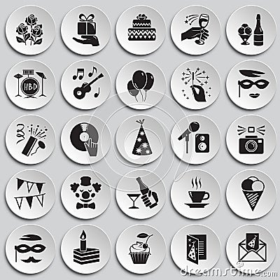 Birthday party icons set on plates background for graphic and web design, Modern simple vector sign. Internet concept. Trendy Vector Illustration