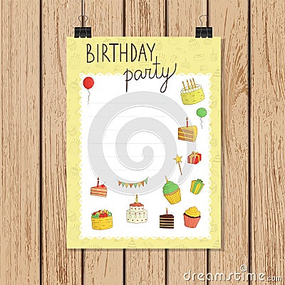 Birthday party invitation or banner in doodle style Vector Illustration