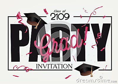 Grad party invitation card with graduation caps and red confetti. Vector Illustration