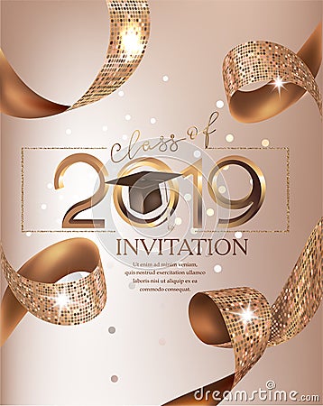 Graduation party class 2019 beige card with golden ribbons. Vector Illustration