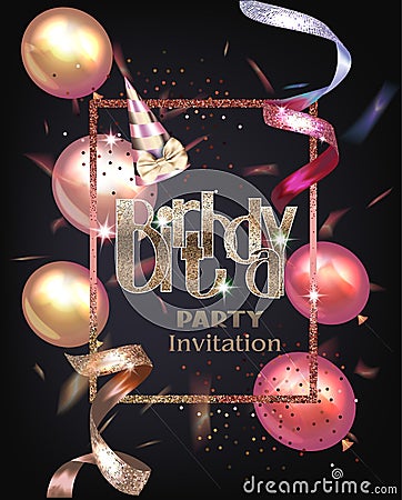 Birthday party invitation card with realistic beautiful curly gold ribbon, confetti and air balloons. Vector Illustration