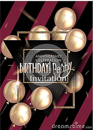 Birthday party invitation card with textured halftone effect background, air balloons. Vector Illustration