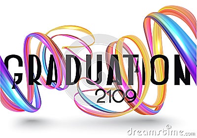 Graduation 2019 invitation card with colorful abstract ribbons. Vector Illustration