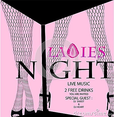 Ladies night party with avstract cocktail glass and womans legs. Vector Illustration