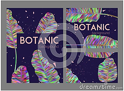 Botanic design different banners with multicolor tropical leaves and dust. Vector Illustration