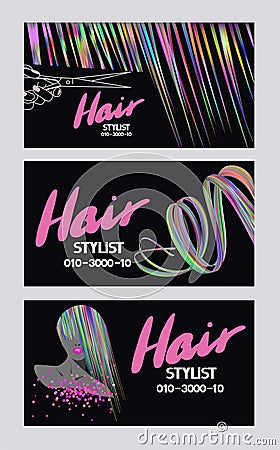 Hair stylist busines cards with multicolor abstract hair. Vector Illustration