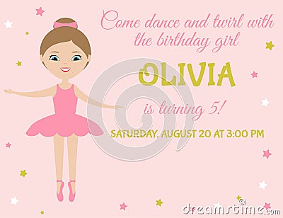 Birthday party invitation. Little girl ballerina in pink tutu dress on pink background. Cute cartoon character. Vector Illustration