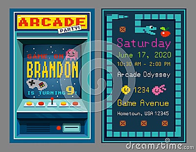 Birthday party invitation in retro style pixel art Vector Illustration