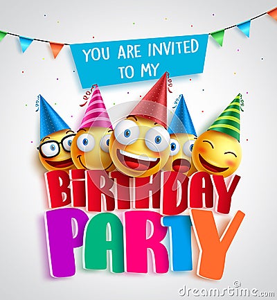 Birthday party invitation vector design with happy smileys Vector Illustration