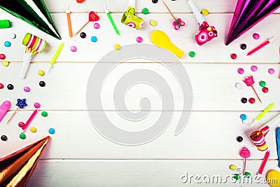 birthday party items and decorations on white wood background Stock Photo