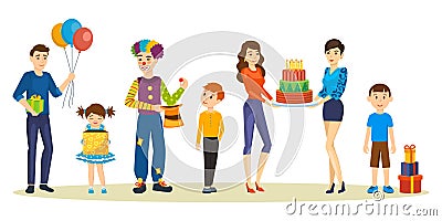 Birthday party for kids. Playings, entertainment, holiday gifts, wonderful mood. Vector Illustration