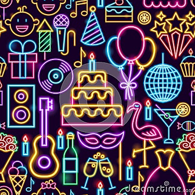 Birthday Party Neon Seamless Pattern Vector Illustration