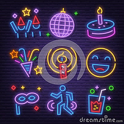 Birthday party neon signboard icons Vector Illustration