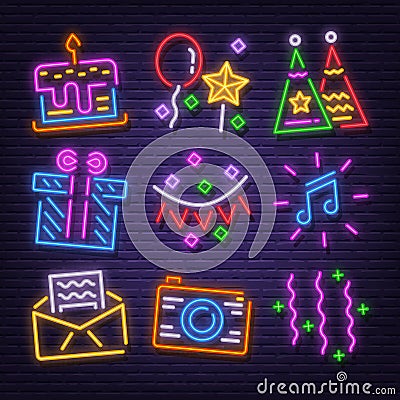 Birthday party neon signboard icons Vector Illustration