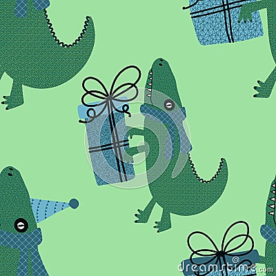 Birthday party seamless crocodile and gift box pattern for wrapping paper and fabrics and kids print and festive Cartoon Illustration