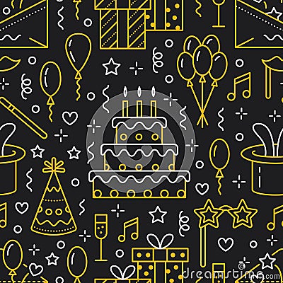 Birthday party seamless pattern, flat line illustration. Vector icons of event agency, wedding organization - cake Vector Illustration