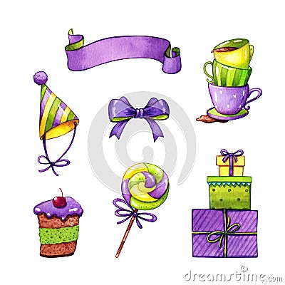 Birthday party set with banner, sweets and gifts Stock Photo