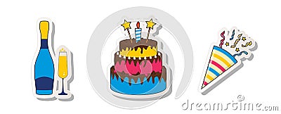 Birthday Party Sticker Collection Set with Cake, Clapperboard, and bottle, glass of champagne. Vector Illustration EPS10 Vector Illustration